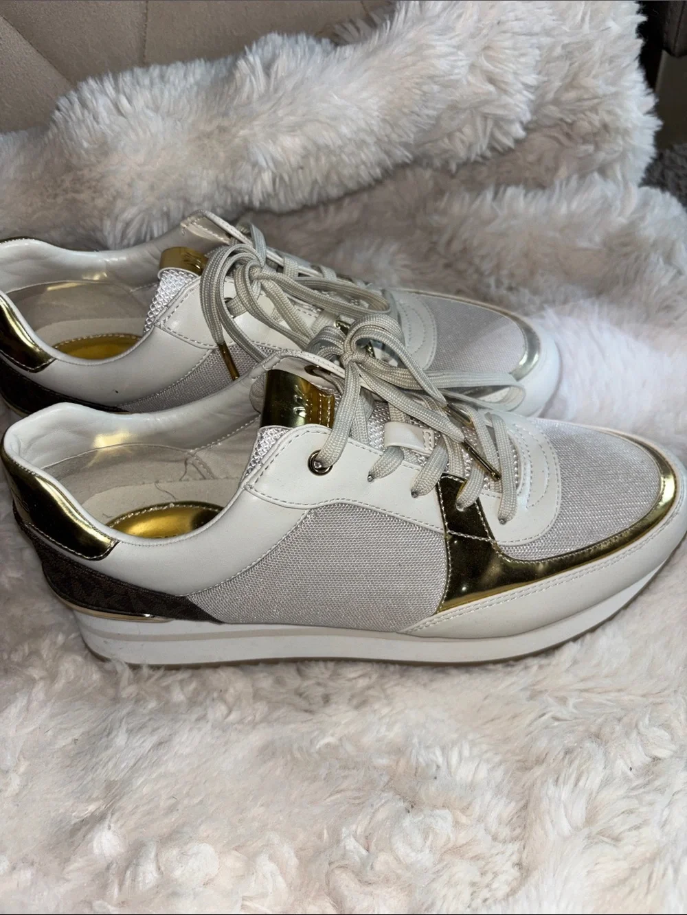 MICHAEL Michael Kors White and Gold Platform Sneakers
